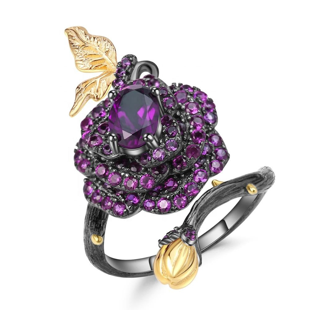 Nanna's Bloom - Sterling Silver Amethyst Laid Rose Ring