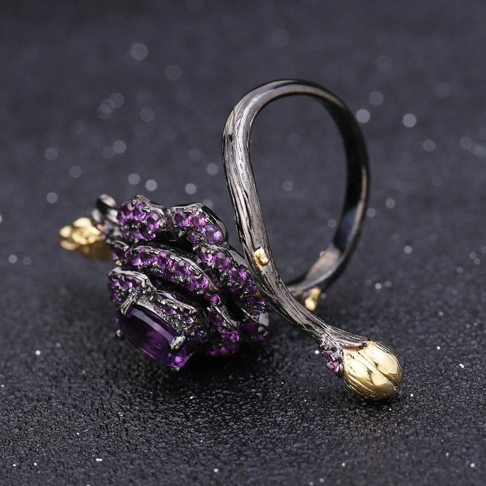 Nanna's Bloom - Sterling Silver Amethyst Laid Rose Ring