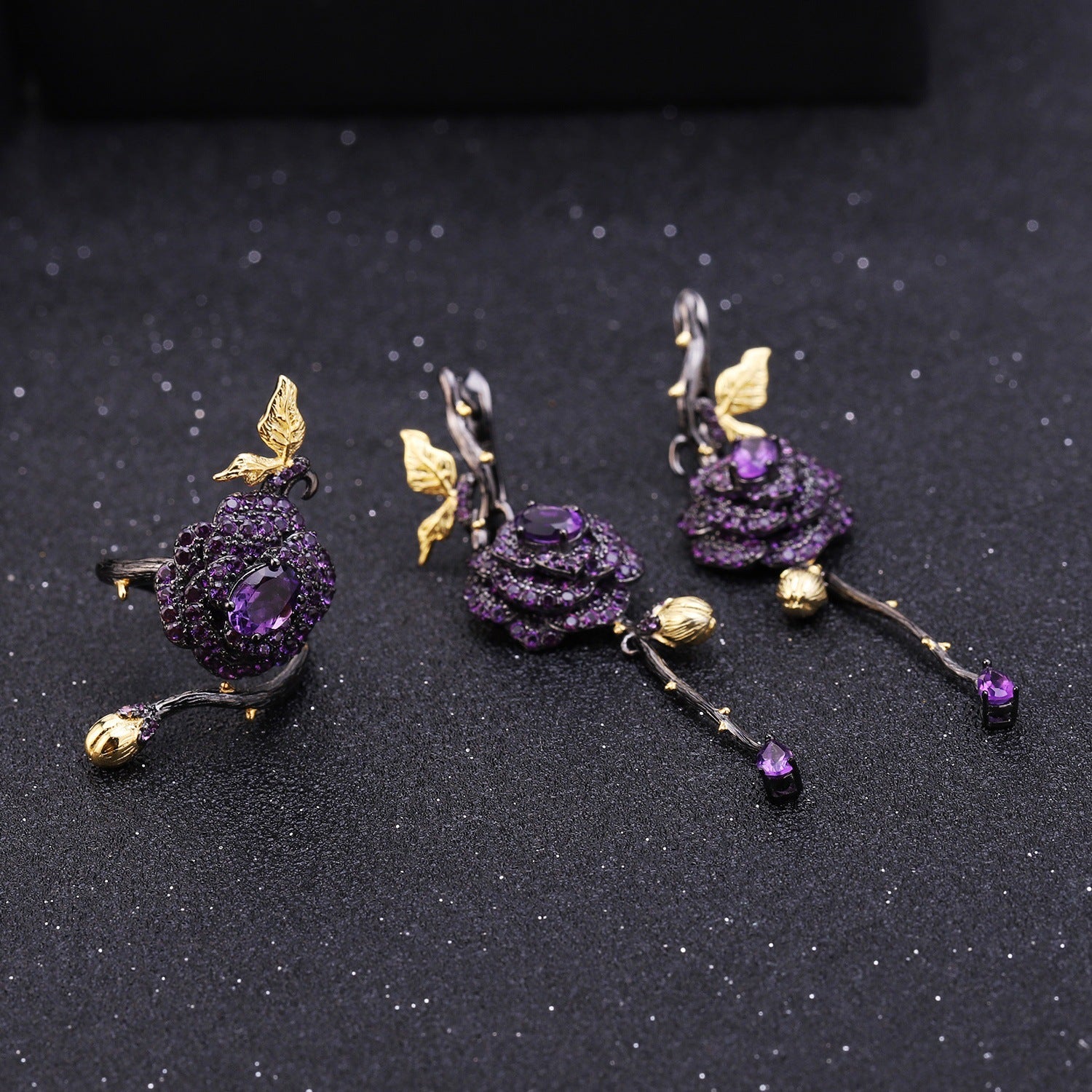 Nanna's Bloom - Sterling Silver Amethyst Laid Rose Ring