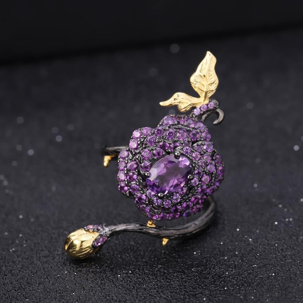 Nanna's Bloom - Sterling Silver Amethyst Laid Rose Ring