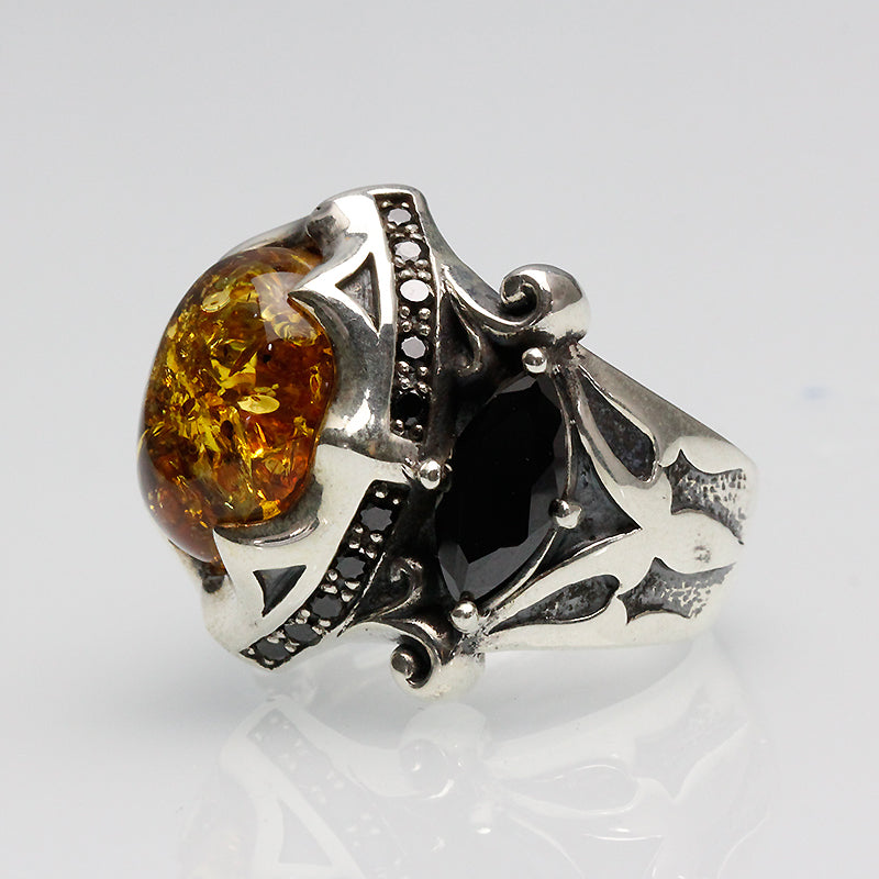 The Allfather - Premium Sterling Silver Ring inlaid with Amber - Viking Trinkets