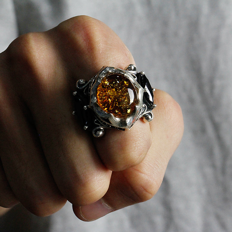 The Allfather - Premium Sterling Silver Ring inlaid with Amber - Viking Trinkets