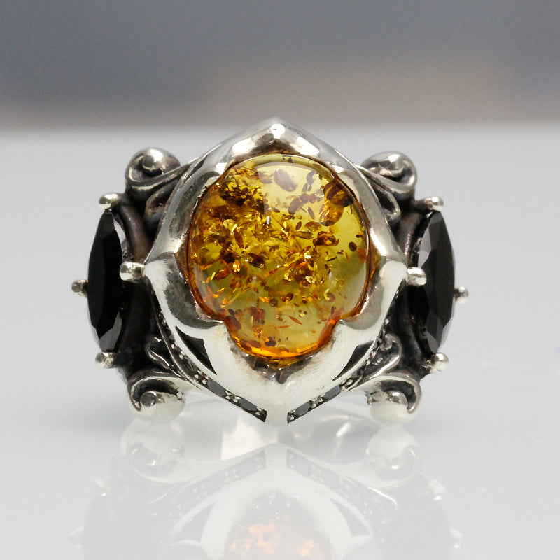 The Allfather - Premium Sterling Silver Ring inlaid with Amber - Viking Trinkets