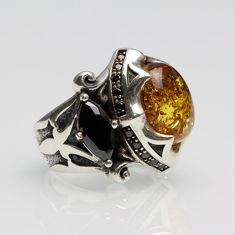 The Allfather - Premium Sterling Silver Ring inlaid with Amber - Viking Trinkets