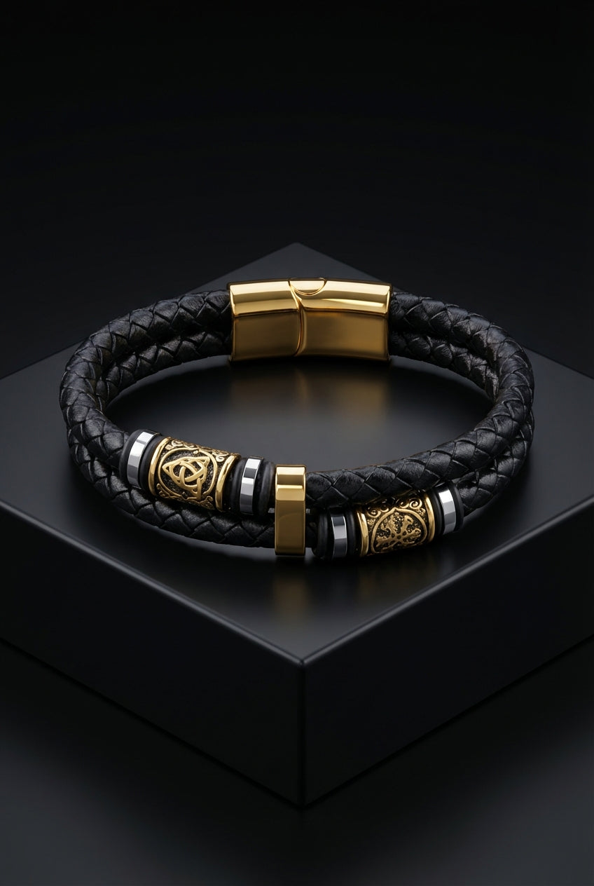 Gullinbursti's Hide - Leather And Stainless Steel Bracelet - Viking Trinkets