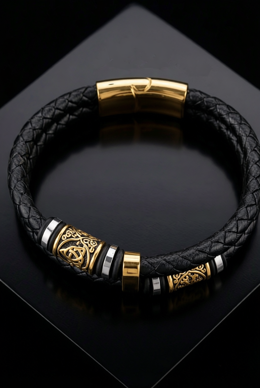Gullinbursti's Hide - Leather And Stainless Steel Bracelet - Viking Trinkets