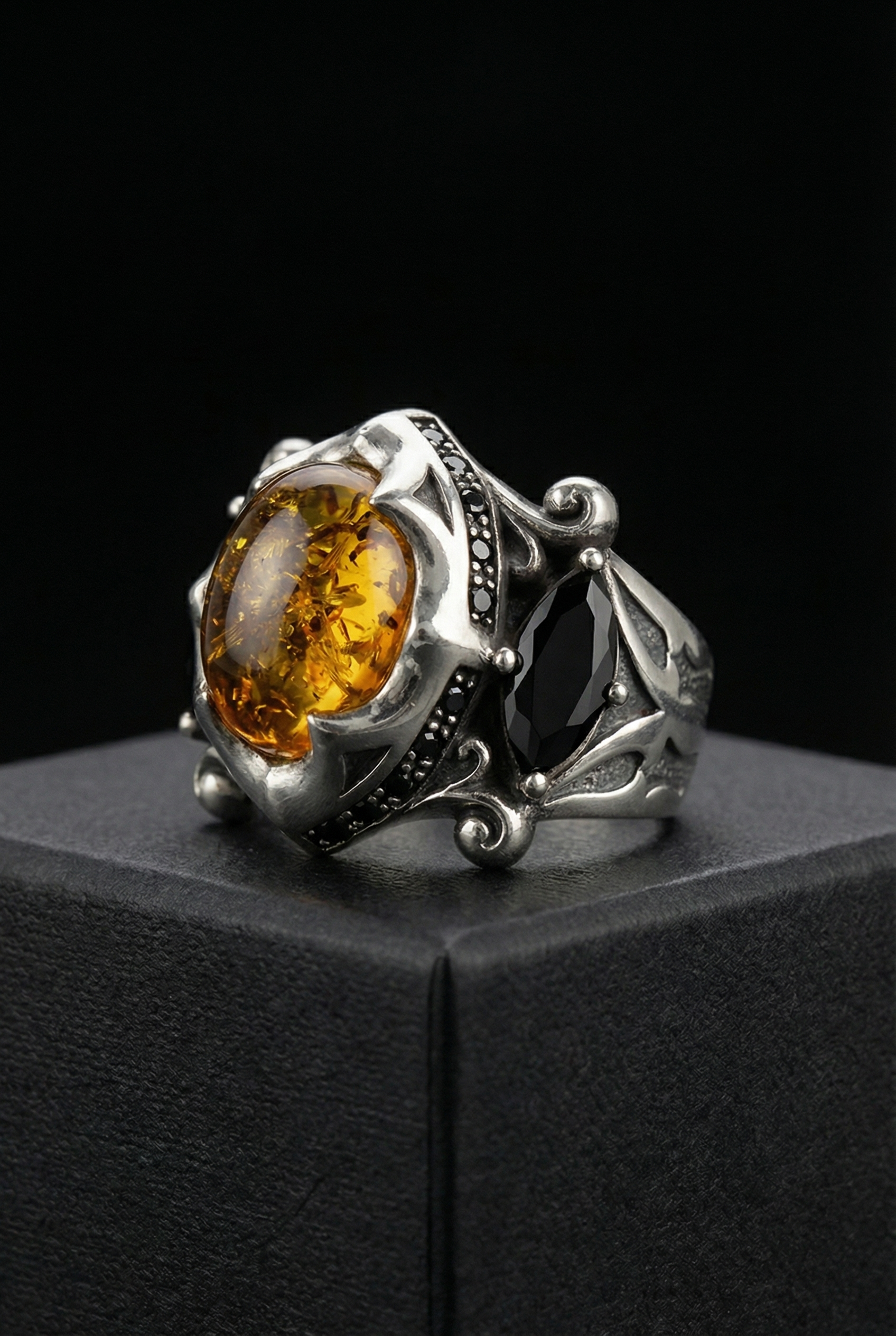 The Allfather - Premium Sterling Silver Ring inlaid with Amber - Viking Trinkets
