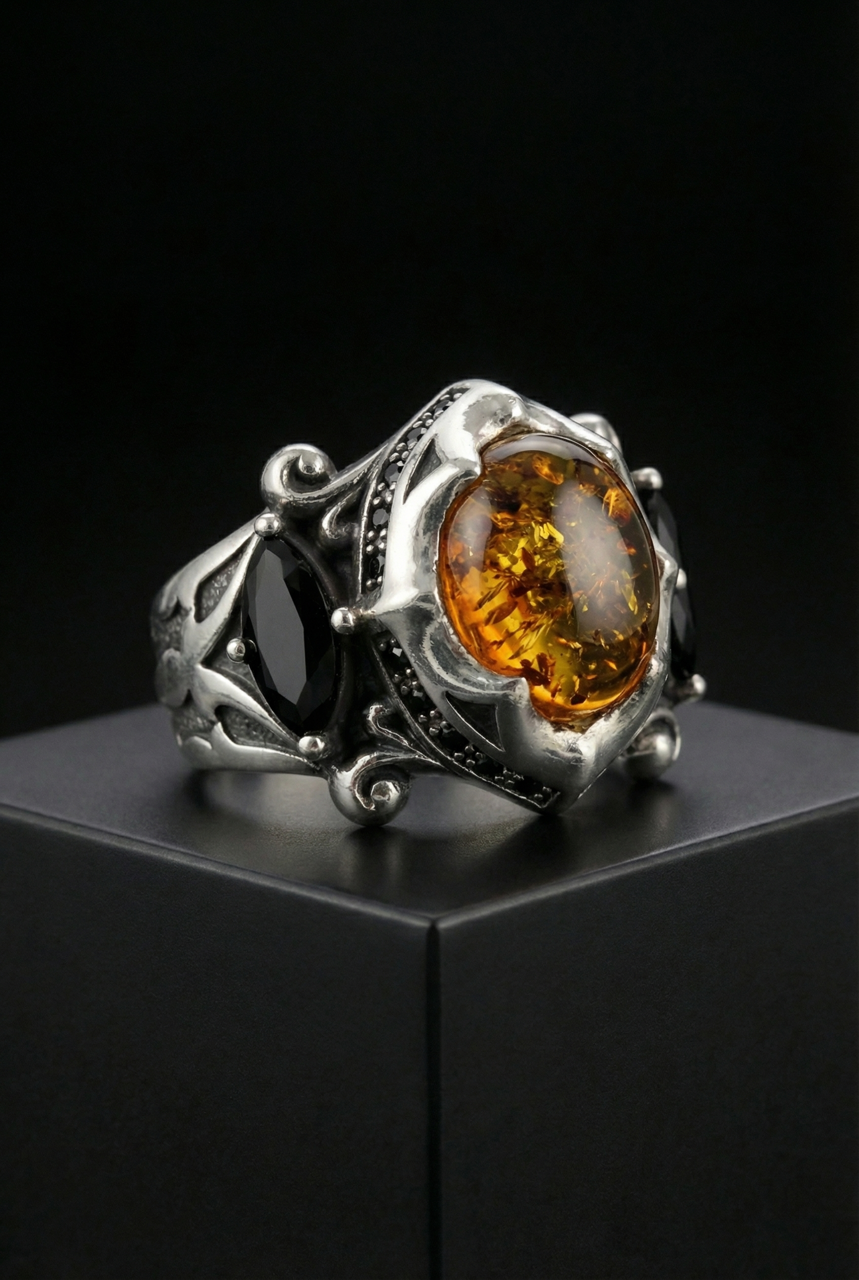 The Allfather - Premium Sterling Silver Ring inlaid with Amber - Viking Trinkets