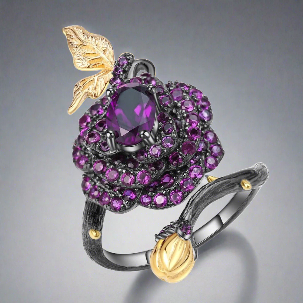 Nanna's Bloom - Sterling Silver Amethyst Laid Rose Ring