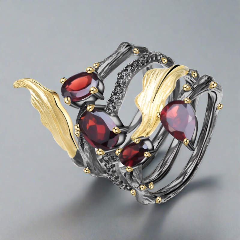 Fruit Of Youth - Sterling Silver Ring with inlaid Amethyst and Garnets