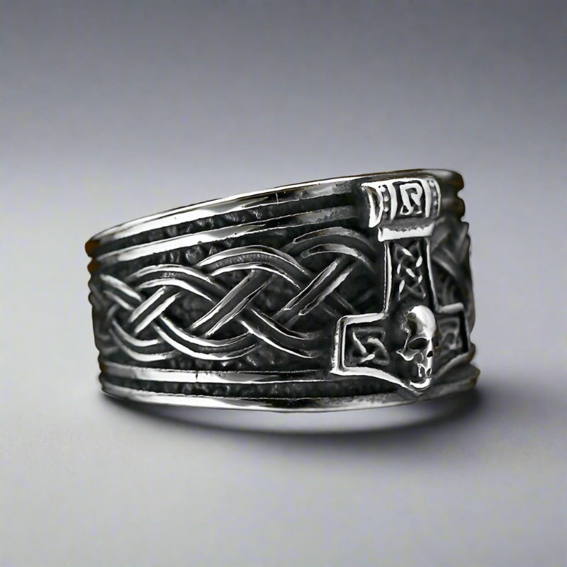 Asgardian Allegiance - Titanium Mjolnir And Skull Ring