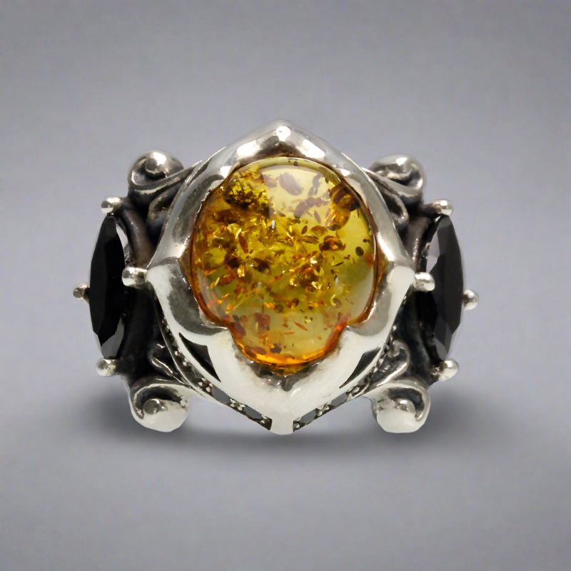 The Allfather - Premium Sterling Silver Ring inlaid with Amber - Viking Trinkets