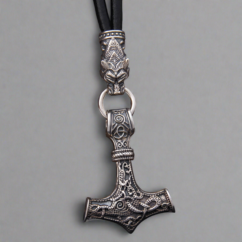 Chain of Power - Sterling Silver Mjolnir and Fenrir Necklace - Viking Trinkets