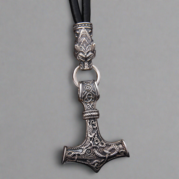 Chain of Power - Sterling Silver Mjolnir and Fenrir Necklace