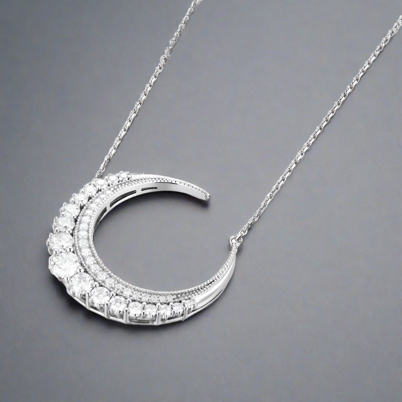 Mani's Smile - Sterling Silver Moon Shaped Moissanite Encrusted Necklace