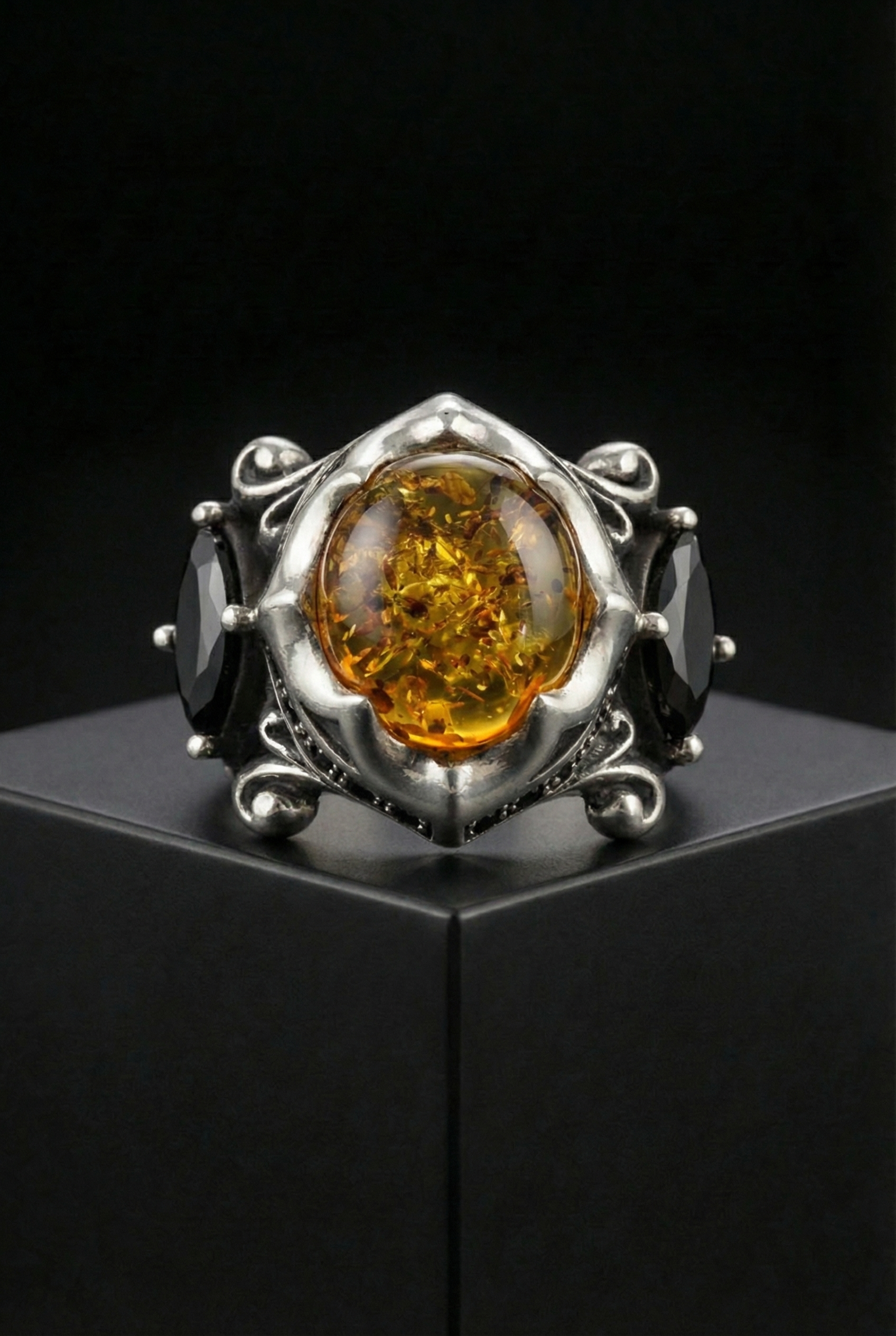 The Allfather - Premium Sterling Silver Ring inlaid with Amber