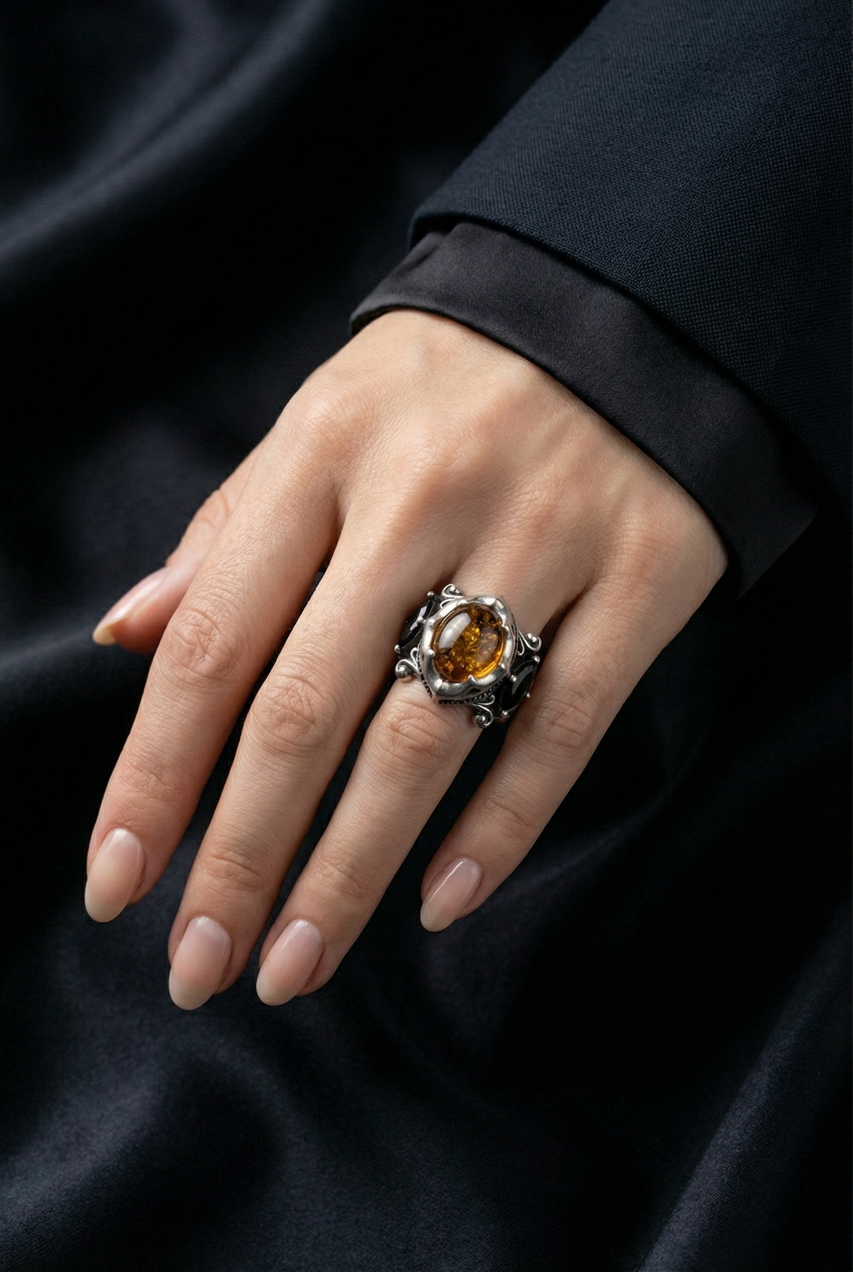The Allfather - Premium Sterling Silver Ring inlaid with Amber - Viking Trinkets