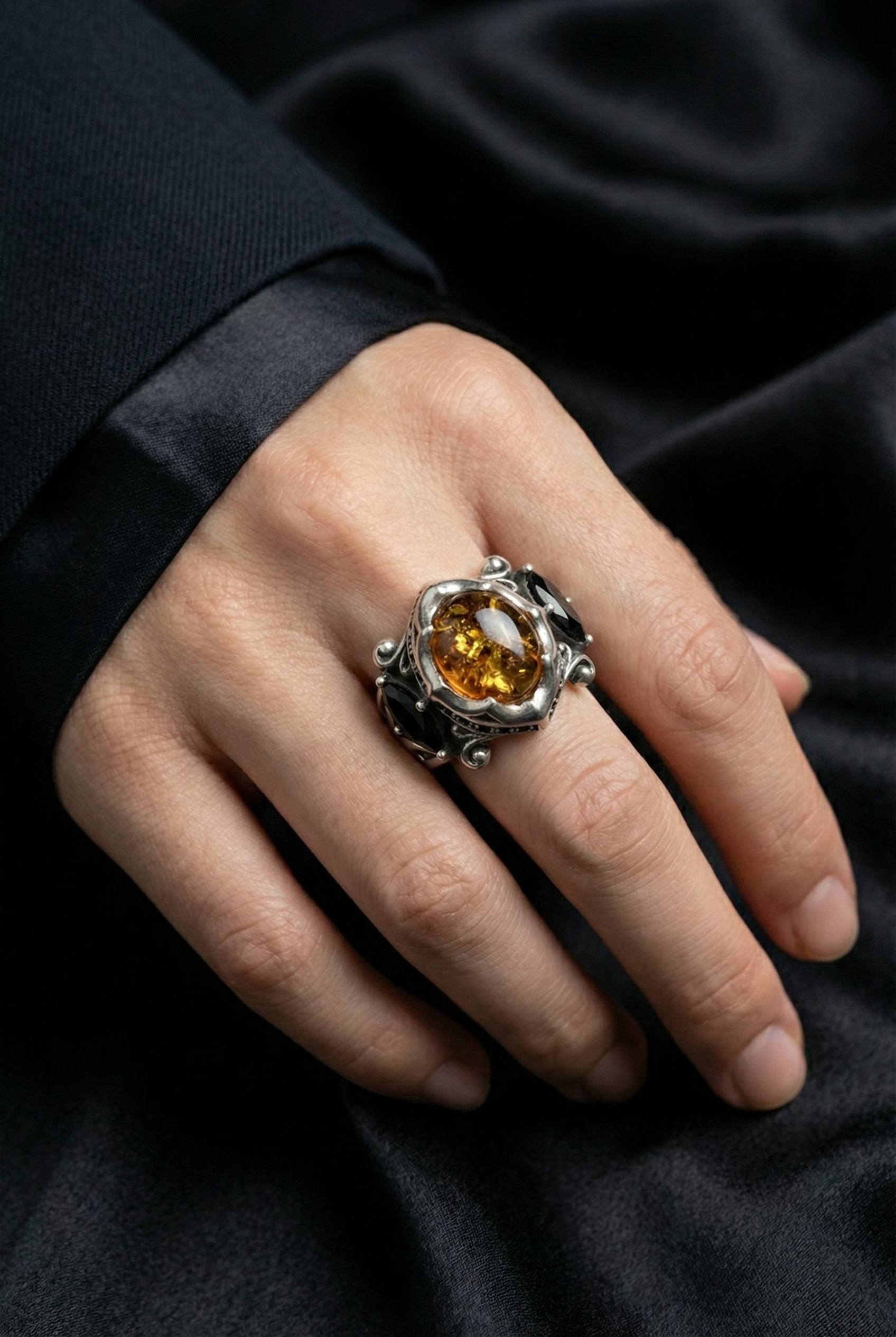 The Allfather - Premium Sterling Silver Ring inlaid with Amber - Viking Trinkets