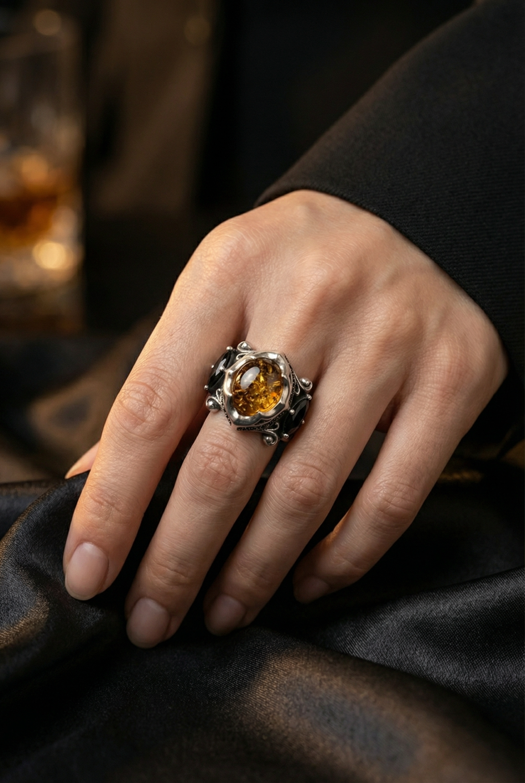 The Allfather - Premium Sterling Silver Ring inlaid with Amber - Viking Trinkets