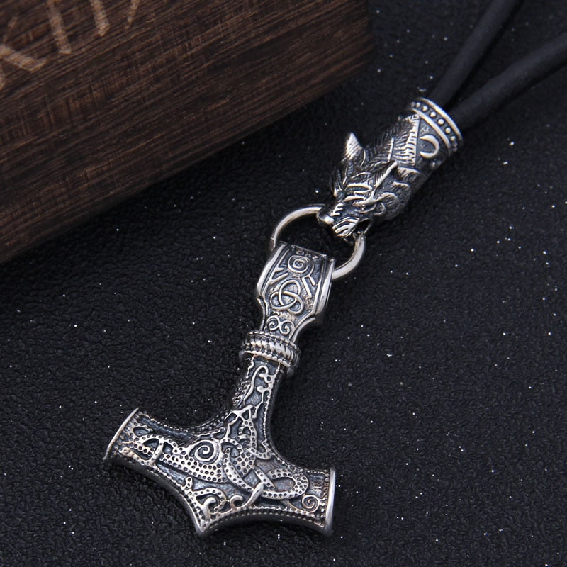 Chain of Power - Sterling Silver Mjolnir and Fenrir Necklace - Viking Trinkets