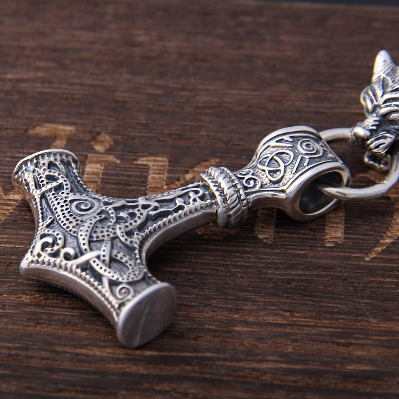 Chain of Power - Sterling Silver Mjolnir and Fenrir Necklace - Viking Trinkets