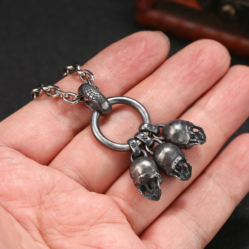 Relic Of The Draugr - Sterling Silver Triple Skull Pendant